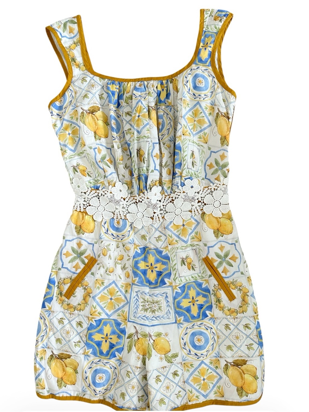 AZULU Yellow & Blue Lemon-Print One-Piece Romper with Crochet Waist